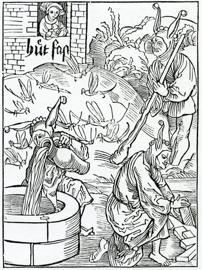 Of him that is jealous over his wife and watches her ways without cause, or evident token of her misliving, illustration from Alexander Barclay